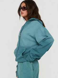 Explore the AT Zip Through Oversized Hoodie in Washed Teal womens-jumpers with short length product Princess Polly