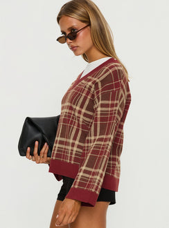 side view of model wearing Princess Polly Sydda V Neck Knit Sweater Red Plaid Cropped Jumpers Jumpers 