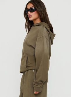 Featuring the AT Pullover Oversized Hoodie Washed Olive in womens-jumpers with long fit side view of model wearing Princess Polly
