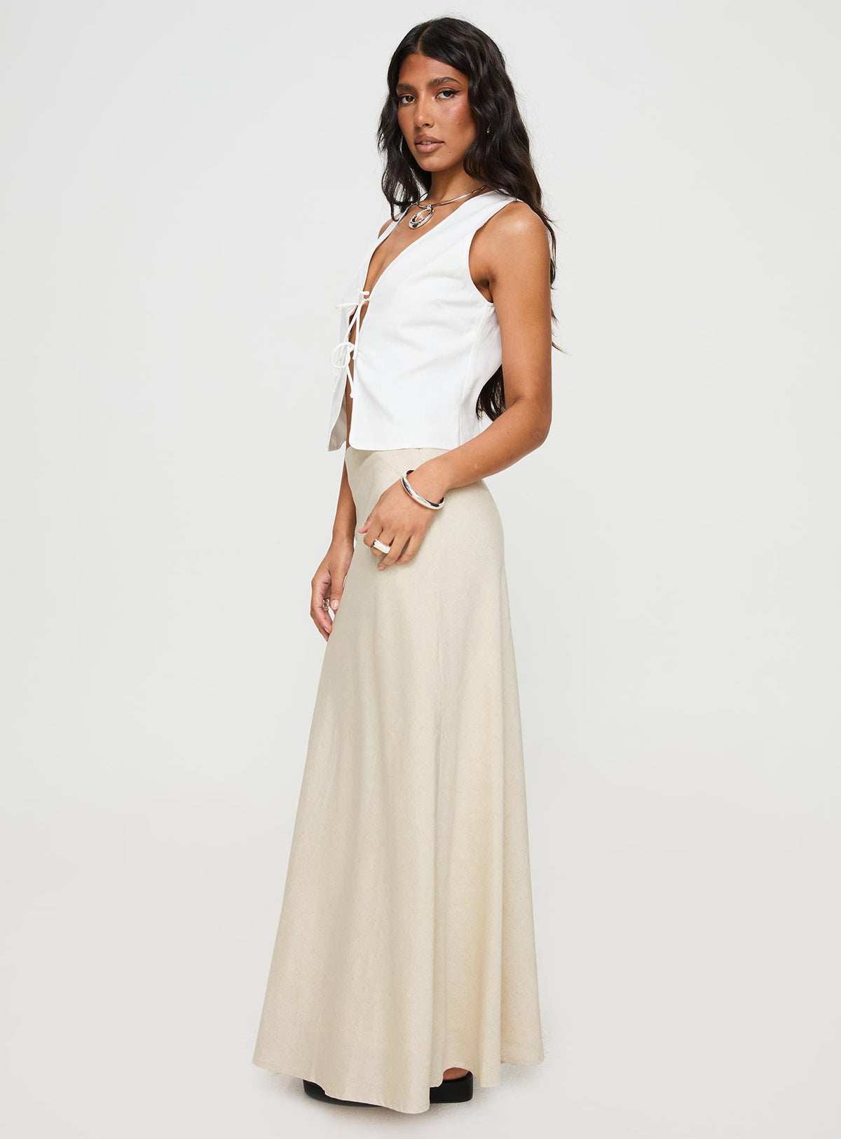 back view of model wearing Princess Polly All In Maxi Skirt Beige Maxi Skirts Skirts 