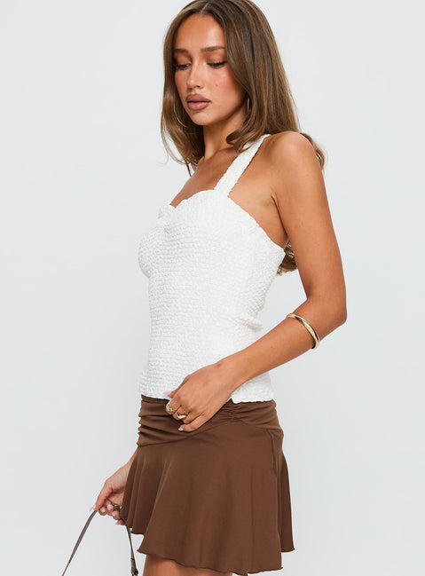 side view of model wearing Princess Polly Summer Afternoons Halter Top White Sleeveless Sweetheart 