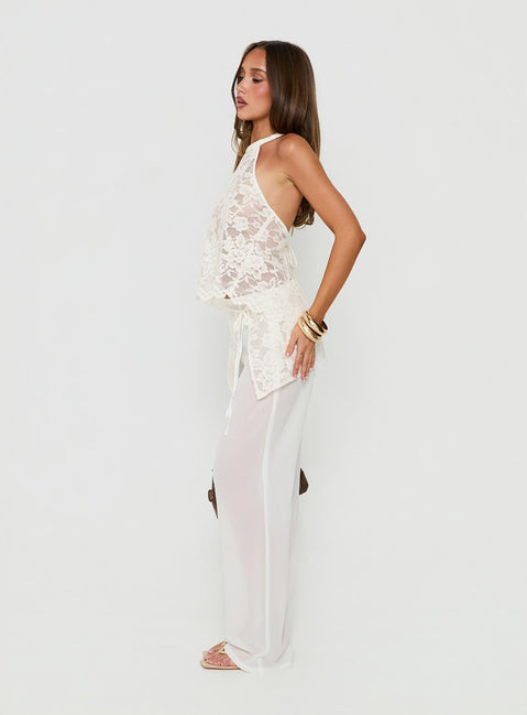 Crafted with Claudie Layered Lace Straight Leg Pants White womens-regular-pants in mid-rise ivory side view of model wearing Princess Polly