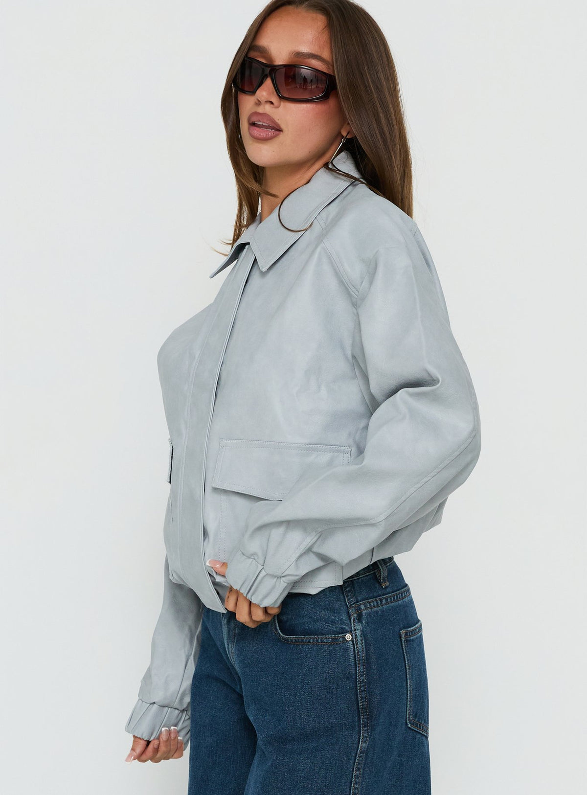 Soulstars Faux Leather Bomber Jacket Ice Blue