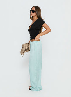 side view of model wearing Princess Polly Salona Satin Straight Leg Pants Jelly Mint Mid Rise Pants Pants 