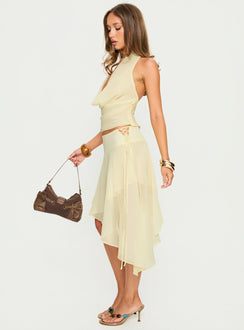   side view of model wearing Princess Polly Evaleine Asymmetrical Chiffon Midi Skirt Baby Yellow Skirts 