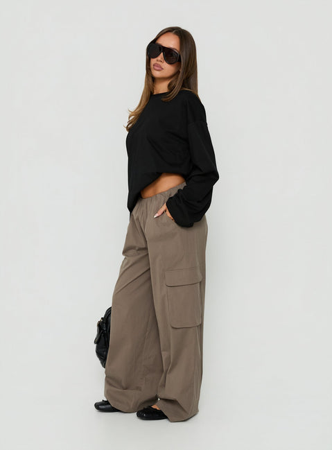 Presenting the Lunea Concealed Waistband Cargo Pants Charcoal Petite womens-regular-pants with high-rise side view of model wearing Princess Polly