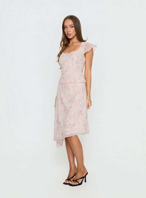   side view of model wearing Princess Polly Avaline Asymmetrical Midi Skirt Pink Skirts 