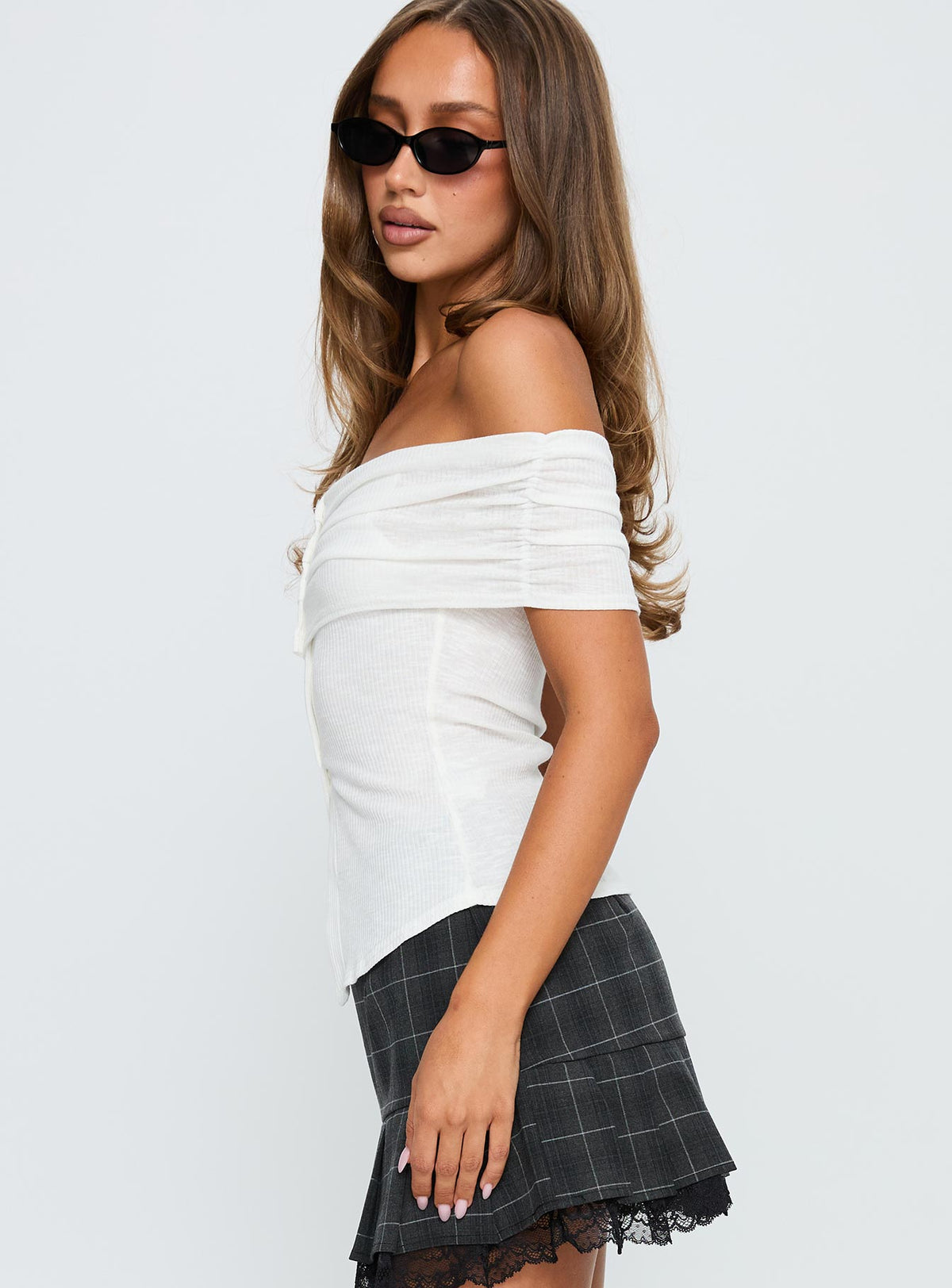 side view of model wearing Princess Polly Azusa Off The Shoulder Top White Sleeveless straight 