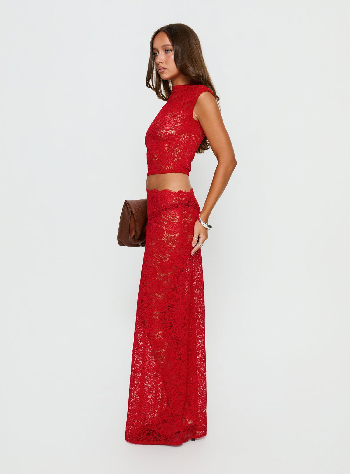   side view of model wearing Princess Polly Vionna Lace Maxi Skirt Red Maxi Skirts Skirts 