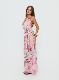   side view of model wearing Princess Polly Karzi Chiffon Maxi Skirt Pink Floral Maxi Skirts Skirts 