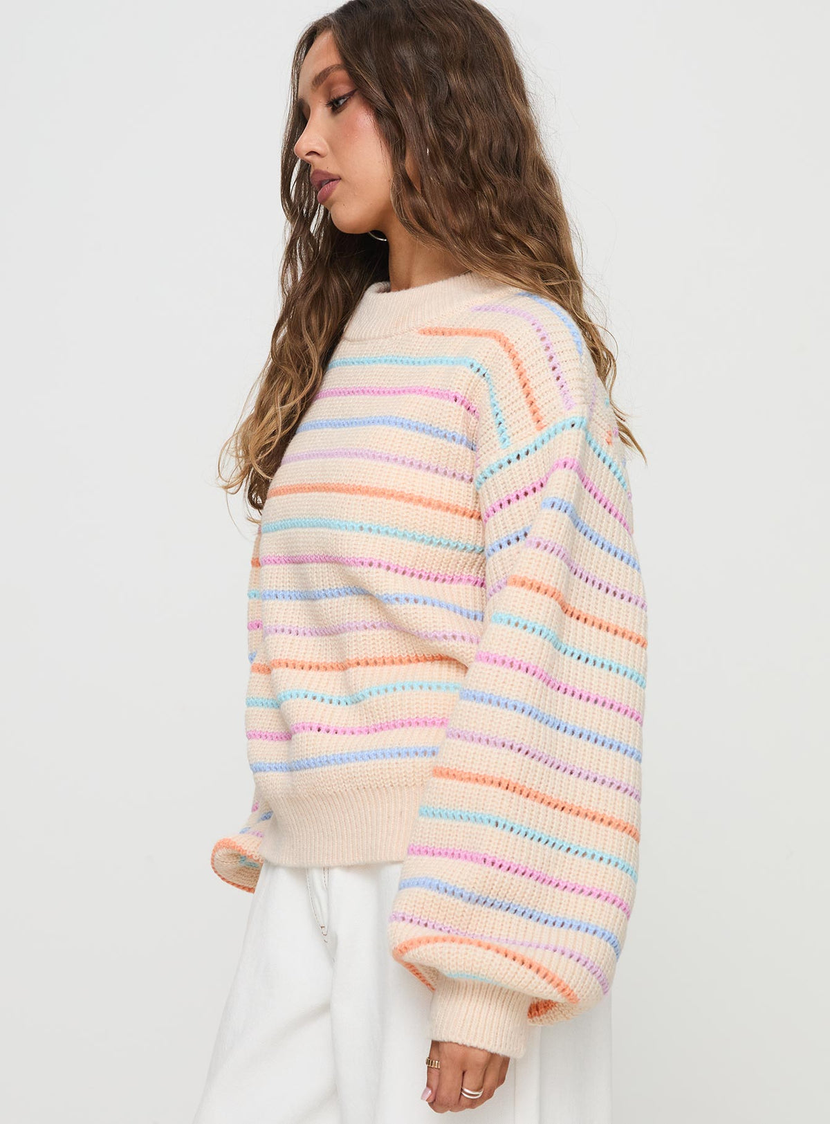 side view of model wearing Princess Polly Harmony Balloon Sleeve Knit Sweater Multi Jumpers 