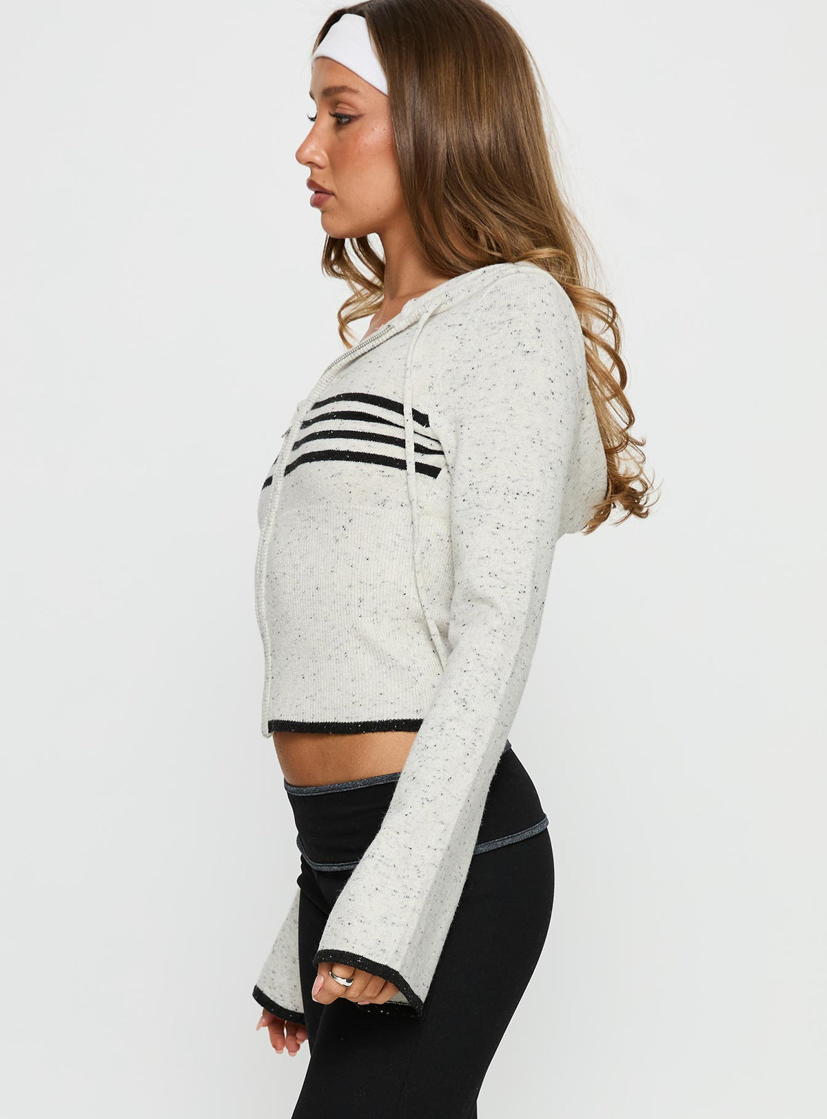 side view of model wearing Princess Polly Brandea Zip Through Knit Hoodie White Marle Cropped Jumpers Jumpers 