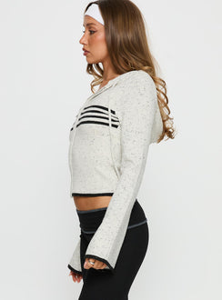 side view of model wearing Princess Polly Brandea Zip Through Knit Hoodie White Marle Cropped Jumpers Jumpers 