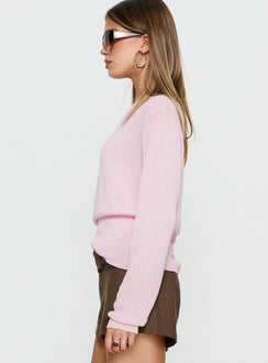 side view of model wearing Princess Polly Xaria Off Shoulder Knit Sweater Pink regular Jumpers 