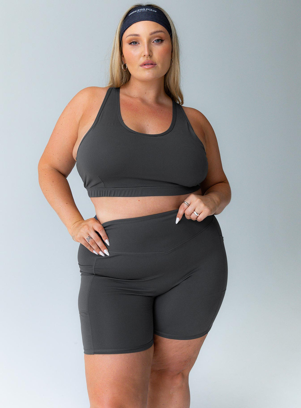 Grey high waist active shorts side pocket