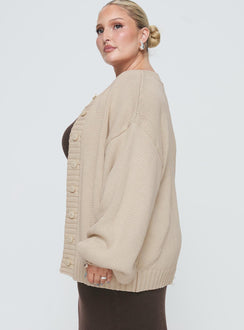 side view of model wearing Princess Polly Edern Cardigan Cream Curve Longline Jumpers Jumpers 