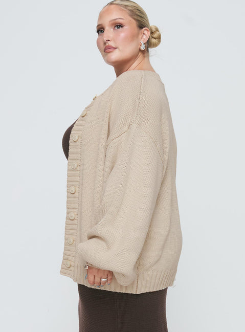 side view of model wearing Princess Polly Edern Cardigan Cream Curve Longline Jumpers Jumpers 