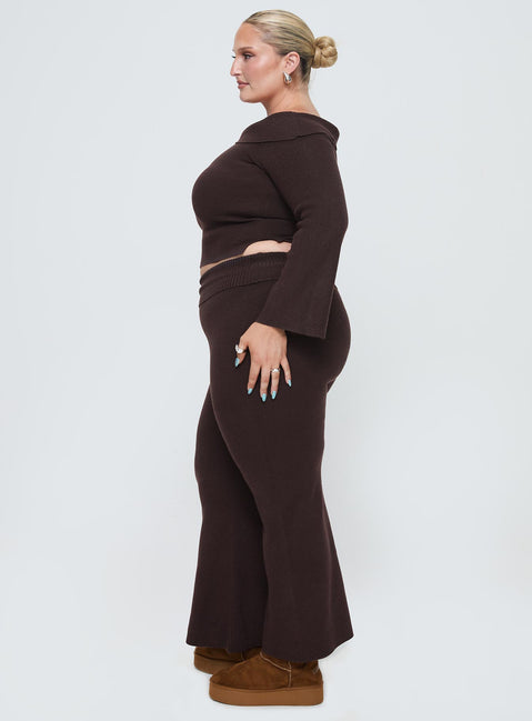 side view of model wearing Princess Polly Try Me Knit Pants Chocolate Curve High Rise Pants Pants 