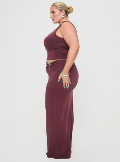   side view of model wearing Princess Polly Whiley Maxi Skirt Mauve Curve Maxi Skirts Skirts 