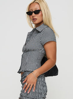 side view of model wearing Princess Polly Covey Shirred Puff Sleeve Top Multi Short Sleeves High Neck 