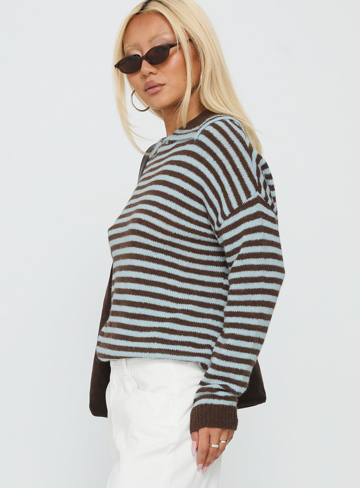 side view of model wearing Princess Polly Moon Went Dark Collared Knit Sweater Stripe Jumpers 