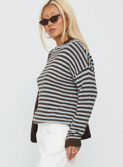 side view of model wearing Princess Polly Moon Went Dark Collared Knit Sweater Stripe Jumpers 