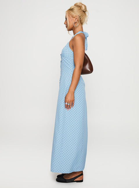 side view of model wearing Princess Polly Mallorie Halter Maxi Dress Blue / Black Polka Scoop Neck 