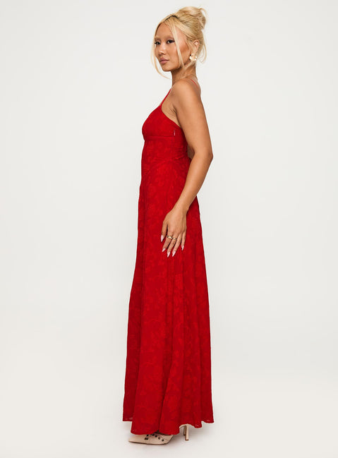 side view of model wearing Princess Polly South Of France Maxi Dress Red Scoop Neck 