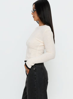 side view of model wearing Princess Polly Keree Lightweight Knit Sweater Cream cropped Jumpers 