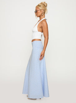   side view of model wearing Princess Polly Every Girl Shirred Maxi Skirt Blue Check Maxi Skirts Skirts 