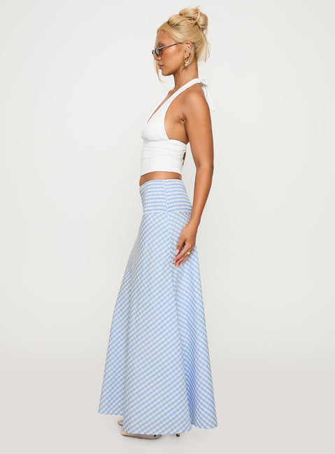   side view of model wearing Princess Polly Every Girl Shirred Maxi Skirt Blue Check Maxi Skirts Skirts 