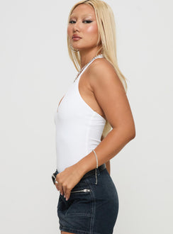 side view of model wearing Princess Polly Someone New Halter Bodysuit White Sleeveless Bodysuit 