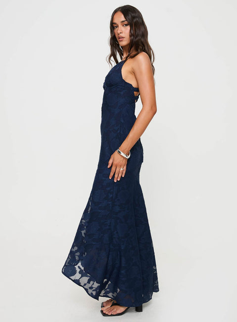 side view of model wearing Princess Polly Cyrene Maxi Dress Navy Plunger 