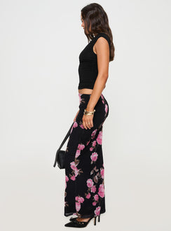   side view of model wearing Princess Polly Modalla Maxi Skirt Black Floral Maxi Skirts Skirts 