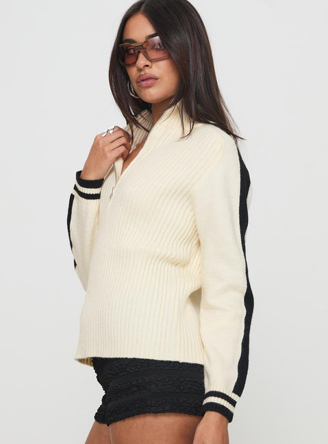 side view of model wearing Princess Polly Mandee Quarter Zip Knit Sweater Cream Longline Jumpers Jumpers 
