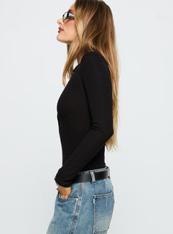 side view of model wearing Princess Polly Kandis Long Sleeve Bodysuit Black Long Sleeve Tops Bodysuit 