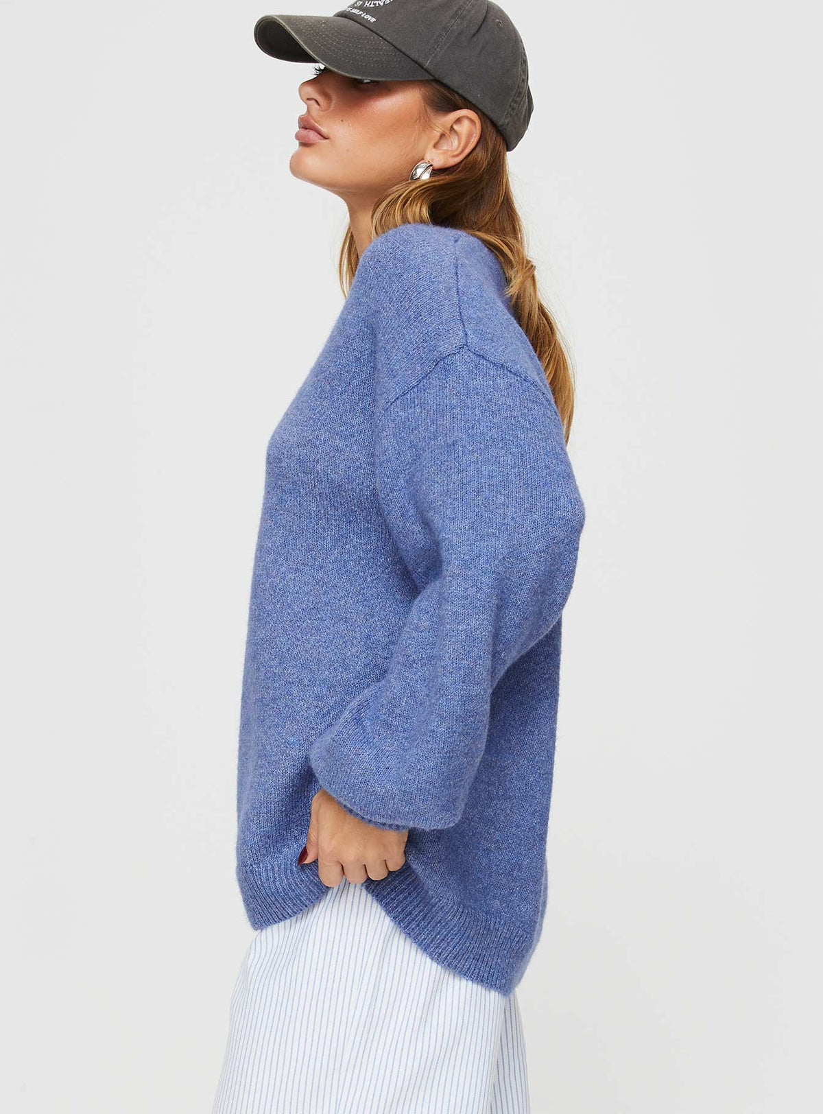 side view of model wearing Princess Polly Ryanna Sweater Blue Longline Jumpers Jumpers 