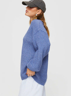 side view of model wearing Princess Polly Ryanna Sweater Blue Longline Jumpers Jumpers 