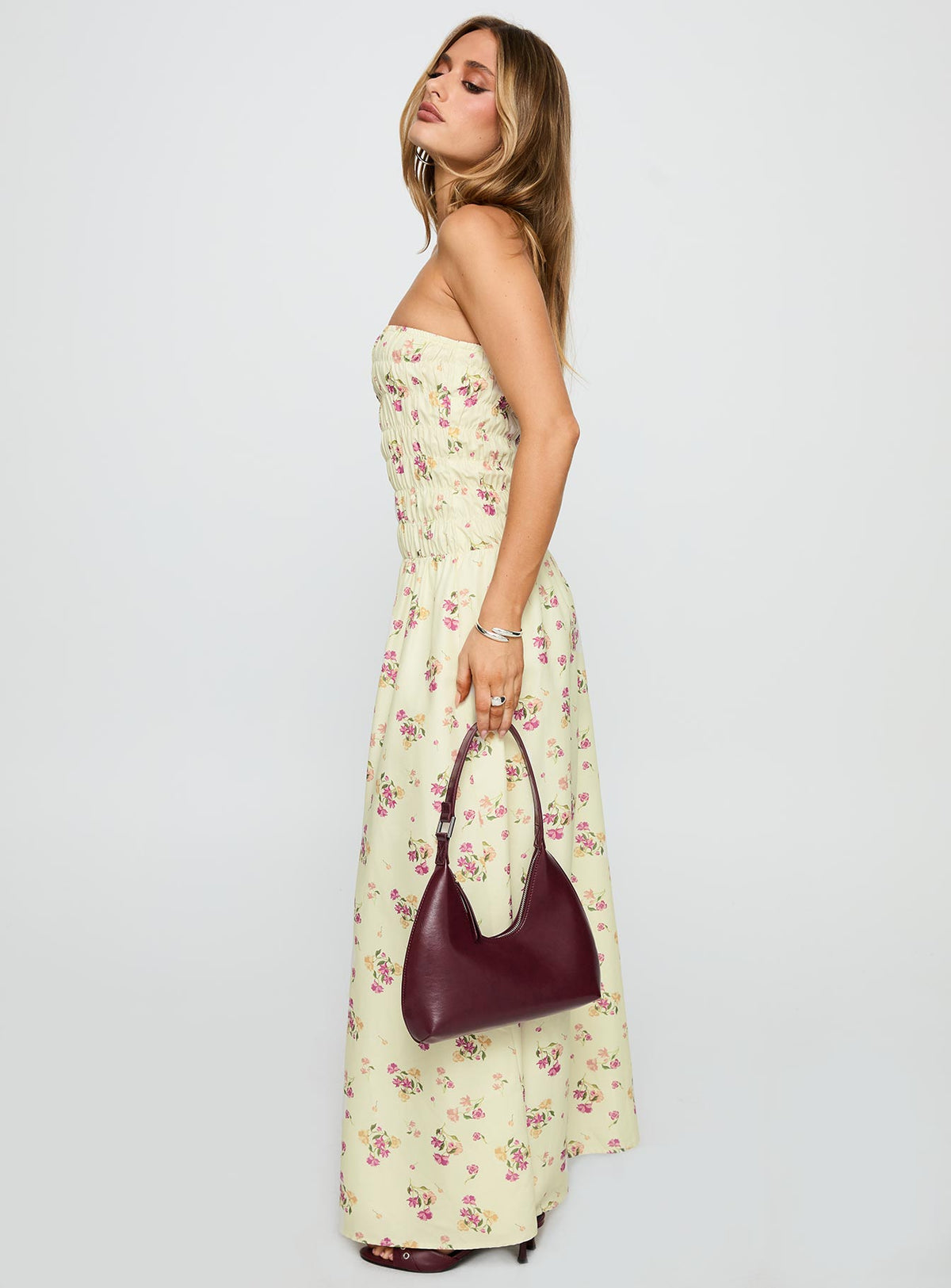 side view of model wearing Princess Polly Human Nature Strapless Maxi Dress Multi Floral Straight Neck 