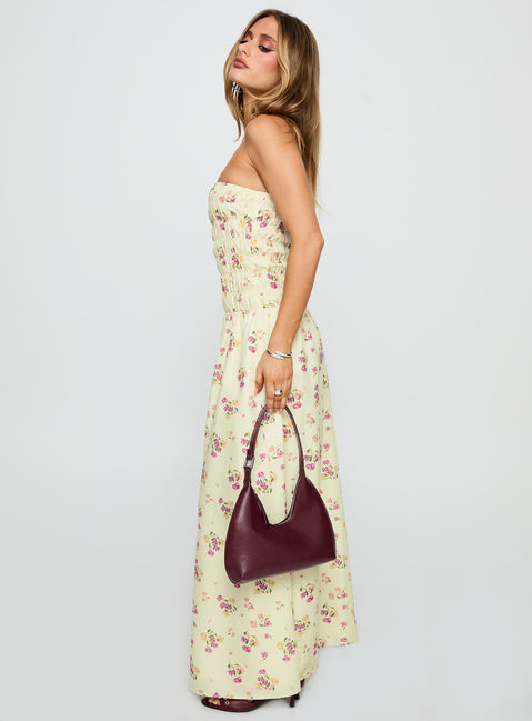 side view of model wearing Princess Polly Human Nature Strapless Maxi Dress Multi Floral Straight Neck 