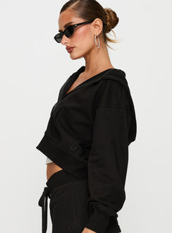 Featuring the Revive Zip Through Hoodie Black in womens-jumpers with short length side view of model wearing Princess Polly