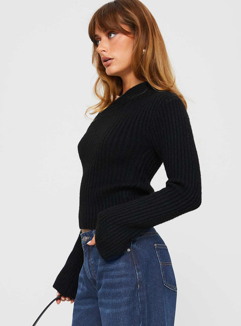 side view of model wearing Princess Polly Phillips Cold Shoulder Sweater Black Cropped Jumpers Jumpers 