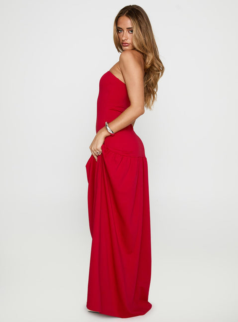 side view of model wearing Princess Polly Move Me Strapless Maxi Dress Red Straight Neck 