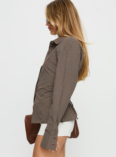 Xinia Tie Waist Long Sleeve Shirt Brown Check