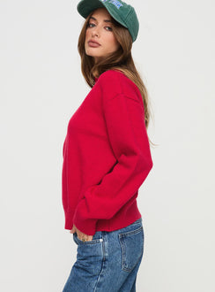 side view of model wearing Princess Polly Oberan Knit Sweater Red Jumpers 