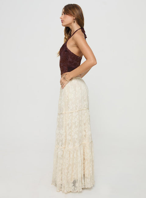   side view of model wearing Princess Polly Oh Plisse Maxi Skirt Cream Maxi Skirts Skirts 