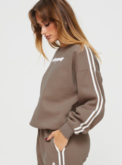 side view of model wearing Princess Polly Princess Polly Crew Neck Sweatshirt Stripe Taupe / White regular Jumpers 