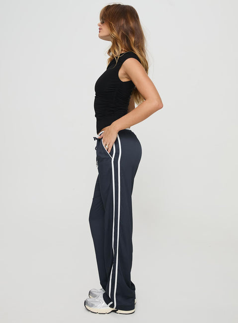 side view of model wearing Princess Polly Maranie Pants Navy/ White High Rise Pants Pants 