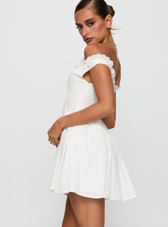 side view of model wearing Princess Polly White Horse Off The Shoulder Mini Dress White Straight Neck 