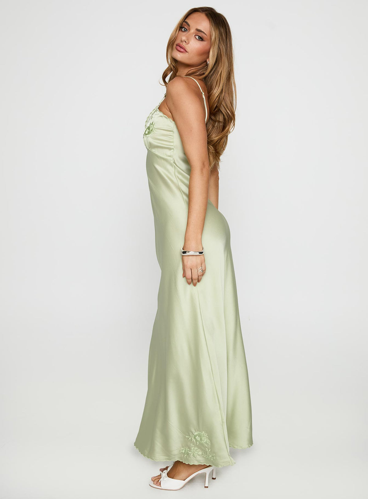 side view of model wearing Princess Polly Cyrielle Embroidered Maxi Dress Sage Plunger 